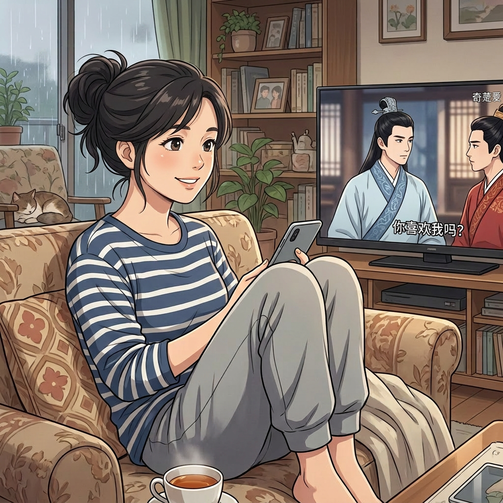 Woman sitting on couch with phone watching historical drama on TV indoors